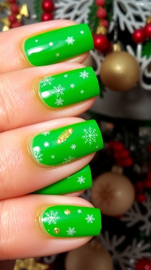 Close-up of green Christmas nail art with white snowflakes and glitter on a festive background.